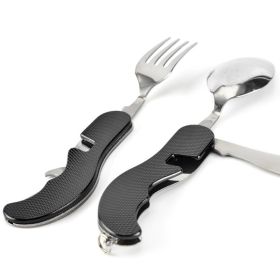 Tablespoon Set 4 In 1 Foldable Spoon Knife Fork Bottle Opener Stainless Steel Folding Pocket Kits Outdoor Tableware Set (Color: Black)